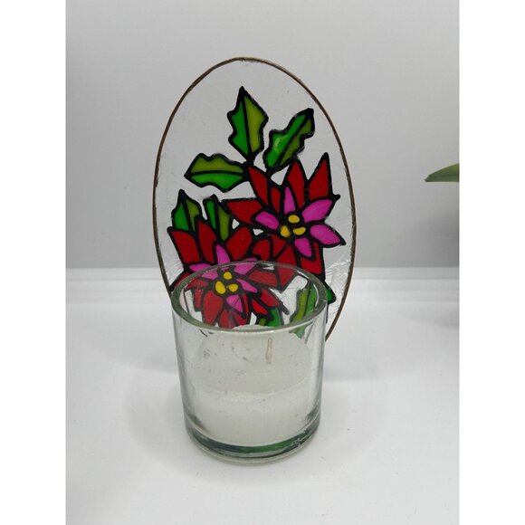 Stained Glass Poinsettia Oval Panel Candle Holder Decor On Textured Glass - Picture 6 of 10